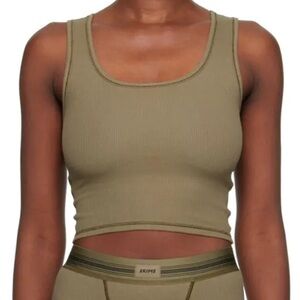 SKIMS Cotton Ribbed Tank With LOGO Back *RARE* Super Stretch Olive Army Green